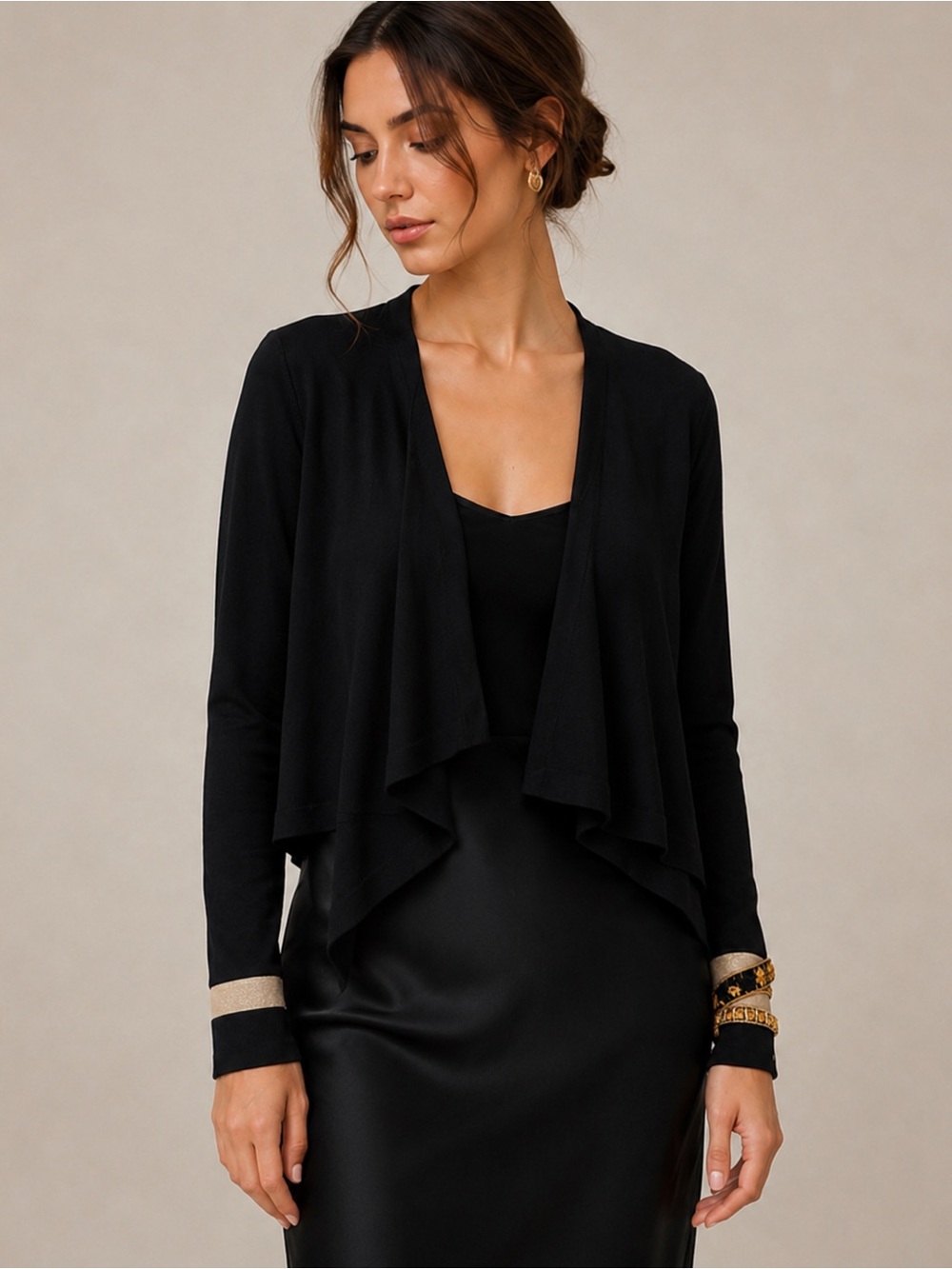Christian Dior Vintage Black Waterfall Cardigan Gold Embellished Cuff FR 42 USM